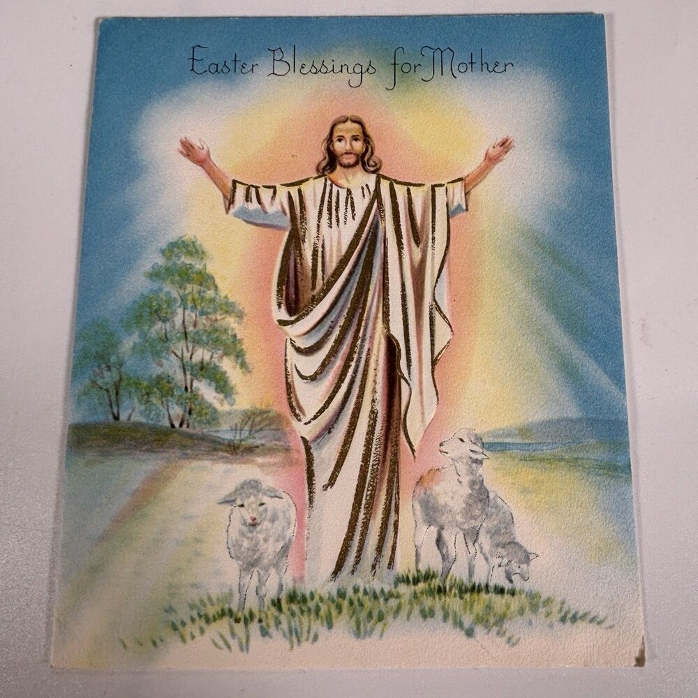 Vintage Easter Blessings Mother Greeting Card Jesus Lambs Religious Sangamon